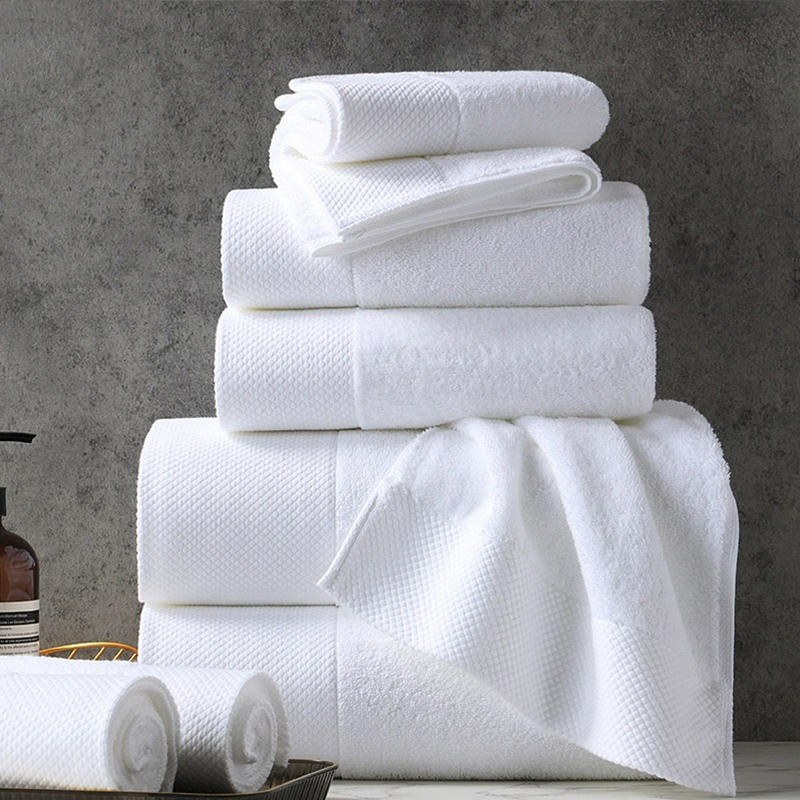 Diamond weave dobby border combed cotton plain terry hotel towel set